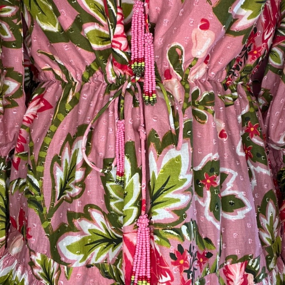 Farm Rio Aura Peasant Dress Women's Pink Floral Cotton Beaded Tassels Boho (S) - Picture 11 of 16